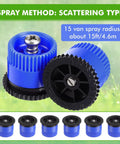 16 Piece Top Shelf Blue Lawn Sprinkler Head Replacement Kit With 15 Van Slick Swivel Nozzles Rotating Seamlessly From 0 To 360 Degrees For A Hassle Free Yard Irrigation Setup: blue sprinklers with black bases, 15ft spray radius.