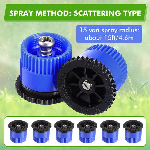 16 Piece Top Shelf Blue Lawn Sprinkler Head Replacement Kit With 15 Van Slick Swivel Nozzles Rotating Seamlessly From 0 To 360 Degrees For A Hassle Free Yard Irrigation Setup: blue sprinklers with black bases, 15ft spray radius.