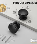25 Pack Matte Black Round Cabinet Knobs With I Shape Design, showing dimensions and screws, zinc alloy, 33mm diameter, 25mm base