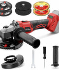 Cordless Angle Grinder With 18V Battery Compatibility, accessories, black and red handle, assorted discs, and tools included