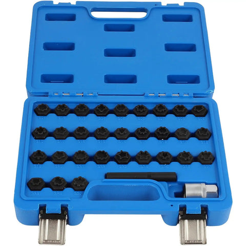 Premium Wheel Lock Nut Key Disassembly Tool Kit For Mercedes Benz 32 Piece Heavy Duty Removal Set With Carrying Case Easy Grip Design To Save Your Rims blue case with 32 black wheel lock bits and socket adapter