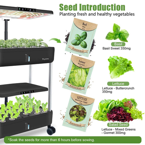 44 Pod Indoor Hydroponic Grow System With Dual 53W Full Spectrum LEDs showcasing lettuce, basil seeds, and salad mix
