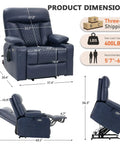 Built Tough Power Lift Recliner Chair With Heat And Massage, Cup Holders And USB Type C Ports, 400 Pound Capacity, Navy Blue shown in full recline and upright positions with dimensions marked.