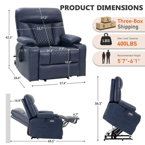 Built Tough Power Lift Recliner Chair With Heat And Massage, Cup Holders And USB Type C Ports, 400 Pound Capacity, Navy Blue shown in full recline and upright positions with dimensions marked.