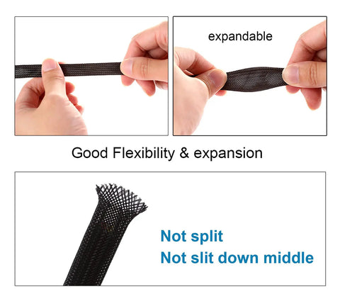 Expandable PET Braided Cable Sleeve 1/4 Inch And 1/2 Inch, 25 Ft Each, 50 Ft Total, Black showing flexibility and expansion.