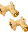 90 Degree Brass Garden Hose Adapter With Shut Off Valve For Easy Water Flow Control No Fuss 3 Quarter Inch Solid Brass Elbow Connector Durable Outdoor Hose Fitting Includes 4 Replacement Washers 2 Pack For Leak Free Connections, two brass fittings