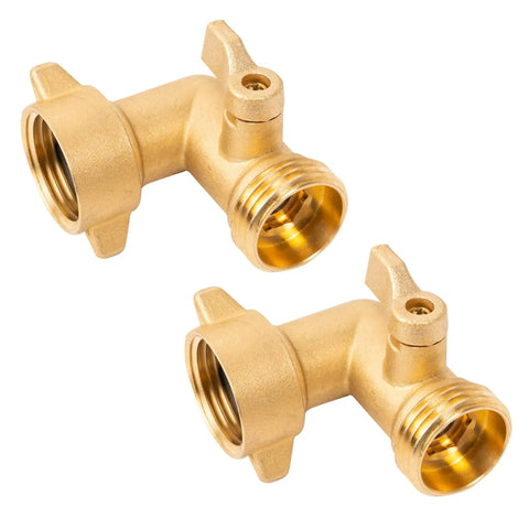 90 Degree Brass Garden Hose Adapter With Shut Off Valve For Easy Water Flow Control No Fuss 3 Quarter Inch Solid Brass Elbow Connector Durable Outdoor Hose Fitting Includes 4 Replacement Washers 2 Pack For Leak Free Connections, two brass fittings