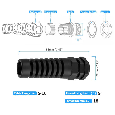 10 Pack PG11 Cable Glands 5 To 10 Mm Clamp Black Strain Relief For Electrical Enclosures PA66 Nylon Beefy Weatherproof Built To Last 9 Mm Thread Length, black cable gland diagram