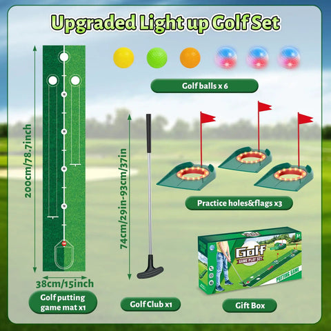 Glow In The Dark Kids Golf Putting Set With Light Up Balls Putter Putting Mat 3 Holes And 6 Balls Indoor Outdoor Yard Golf Toy