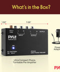 Pyle Phono Turntable Preamp Mini Electronic Audio Stereo Phonograph Preamplifier With 9V Battery Compartment and DC Adapter shown in black with RCA inputs.