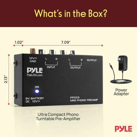 Pyle Phono Turntable Preamp Mini Electronic Audio Stereo Phonograph Preamplifier With 9V Battery Compartment and DC Adapter shown in black with RCA inputs.