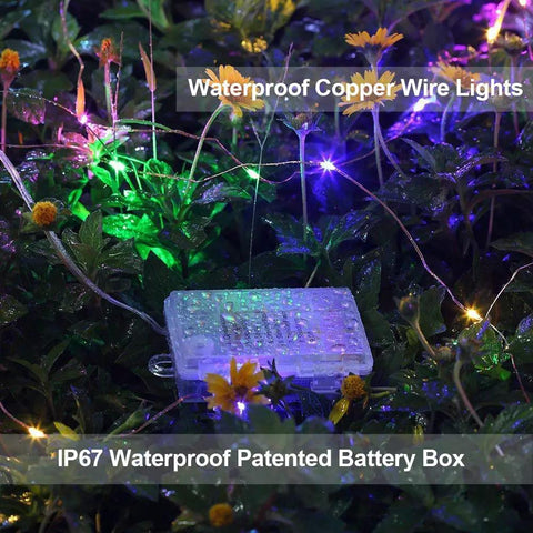 Outdoor Battery Powered Fairy Lights With Timer on plants with IP67 waterproof copper wire and battery box