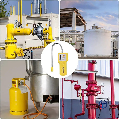 Collage showcasing gas leak detector with 12-inch probe used in industrial settings and homes for propane and methane detection.
