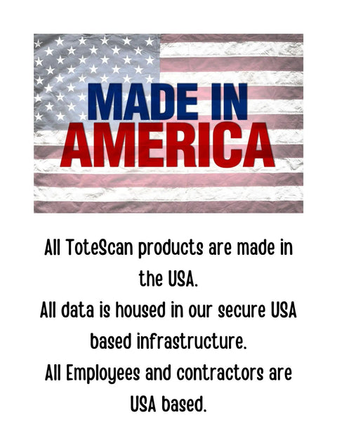 American flag with 'Made in America' text highlighting ToteScan products, USA-based infrastructure, and workforce.