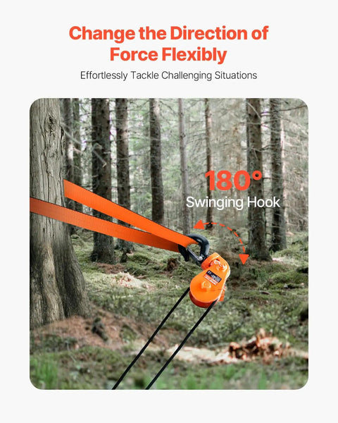 Heavy Duty Snatch Block With Swivel Hook For Towing And Recovery Two Ton Capacity Three Inch Pulley Three Eighth Inch Wire Rope Four Thousand Four Hundred Lb Working Load Ten Thousand Lb Break Strength Beefy For Tow Jobs And Off Road Recovery on forest strap, 180° swing hook