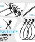 Heavy-duty nylon self-locking cable ties showing screw hole fit and anti-slip locking teeth for secure mounting.