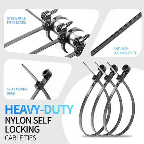 Heavy-duty nylon self-locking cable ties showing screw hole fit and anti-slip locking teeth for secure mounting.