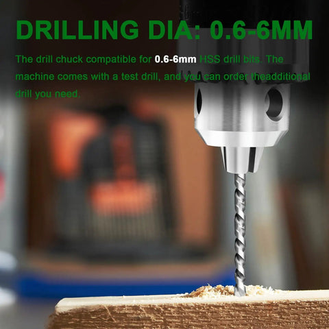 Drill bit in action on wood with Compact Benchtop Drill Press For Home Crafts And Jewelry Making, Ultra Quiet 7 Speed Drill With B10 Chuck