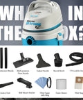 1.5 Gallon 2.0 Peak HP All Around EZ Wet Dry Vacuum with attachments including wands, nozzles, hose, and wall bracket.