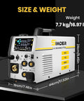 Six In One MIG Welder And Plasma Cutter 160A Gas MIG Flux Core Lift TIG Stick Cutter with size dimensions in cm.
