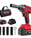 Cordless Half Inch Impact Wrench Beast Delivers 320 Ft Lbs Max Torque, 20V Brushless Motor, 4.0Ah Battery With Fast Charger, Includes Four Impact Sockets For Any Tough Job. Kit displayed with wrench, battery, charger, bag, and sockets.