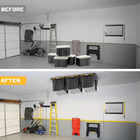 Garage Ceiling Tote Storage Rails Heavy Duty Overhead Bin Rack Adjustable Tote Slide System 4 Pack For 3 Bins Bins Not Included