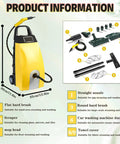 Powerful 3000W High Pressure Steam Cleaner With Huge 3.5 Liter Water Tank And Fast 40 Second Heat Up Time For Deep Cleaning Homes Cars And Commercial Spaces With Included Accessories Easy To Move Around, showing product info and attachments.