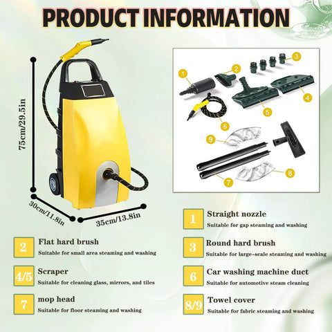 Heavy Duty Portable Steam Cleaner With Massive 3.5 Liter Tank And Lightning Fast 40 Second Heat Up To Crush Nasty Buildup Without Any Sweat In Kitchens Cars Or Local Shops Blue with multiple attachments and specifications.