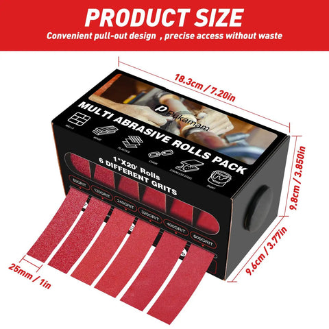 Emery Cloth Roll Kit With Six Grits 80 120 240 320 400 600 Pro Grade One Inch By 19.7 Foot Sandpaper with handy dispenser box.