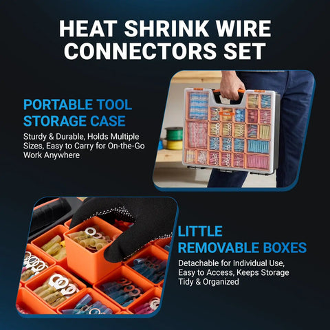 Person holding 1622 Piece Heat Shrink Wire Connector Kit With T Tap No Splice Joints Solder Seal Terminals Ring Fork Spade Butt Splice Connectors Insulated Heavy Duty Marine Grade Waterproof For Boat Automotive DIY All In One in tool case