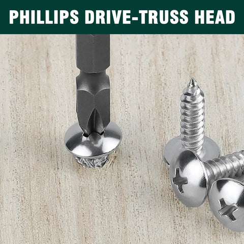 Rock Solid Number 10 Truss Head Screws With Phillips Drive Self Tapping Sheet Metal And Wood Fasteners 1.5 inch view with driver and multiple screws.