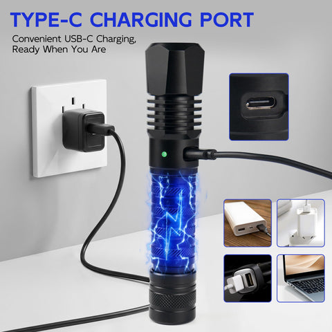 365Nm UV Flashlight Beast Workhorse Rechargeable Blacklight, charging via Type-C port, plugged into wall outlet.