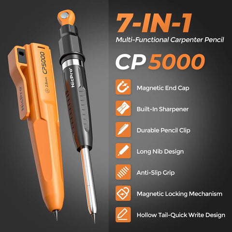 Must-Have 7-In-1 Magnetic Carpenter Pencil With Built-In Sharpener Deep Hole Marker 2.8mm Lead Includes 10 Refill Leads And Magnetic Pickup Tool For Construction And Woodworking Marking