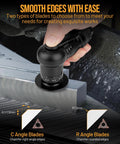 Side view of Beaiguna pneumatic chamfering tool, black body; shows C-angle and R-angle blades for 45° and rounded edges.
