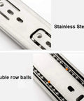 Close-up of stainless steel Smooth Glide Drawer Runners With Metal Ball Bearings Push To Open Three Section Slides.