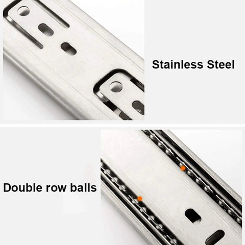 Close-up of stainless steel Smooth Glide Drawer Runners With Metal Ball Bearings Push To Open Three Section Slides.