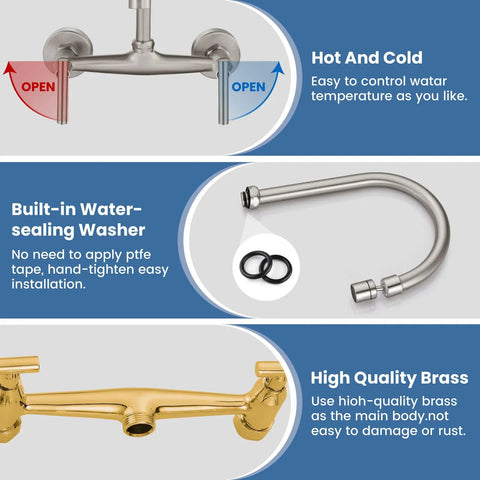 Workhorse Wall Mount Kitchen Faucet With 8 Inch Centers, double handles, brass body, nickel spout, washer and valve details.