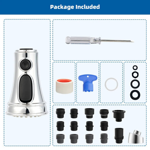 Kitchen Faucet Head Replacement With 3 Function Pull Down Sprayer, Stream, Spray And High Pressure Rinse Modes, 15 Adapters