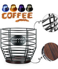 Large Capacity Black Wire Coffee Pod Holder With Wooden Base, Modern Basket Style For Keurig Pods, highlighted features