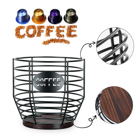 Large Capacity Black Wire Coffee Pod Holder With Wooden Base, Modern Basket Style For Keurig Pods, highlighted features