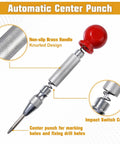 Automatic Center Punch with non-slip brass handle for marking holes, featured in 35 Piece Woodworking Chamfer Drill Set With Countersink Plug Cutters Step Bits Stop Collars Center Punch And Hex Keys For Knocking Out Dead Straight Holes And Dialing In Slick Joints.