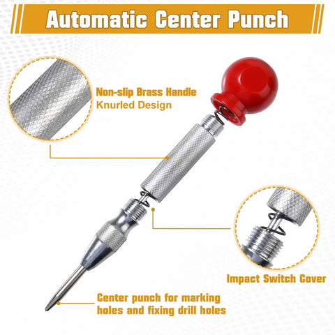 Automatic Center Punch with non-slip brass handle for marking holes, featured in 35 Piece Woodworking Chamfer Drill Set With Countersink Plug Cutters Step Bits Stop Collars Center Punch And Hex Keys For Knocking Out Dead Straight Holes And Dialing In Slick Joints.