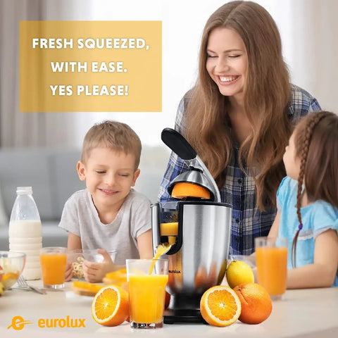 Eurolux Premium Electric Orange Juicer Featuring 160W High-Torque Motor for easy juicing with stainless steel design, in family setting.