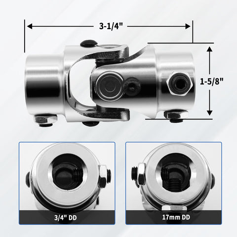 Seventeen Millimeter Double D To Three Quarter Inch Double D Steering U Joint Chrome Shaft Universal Coupling Direct Fit Three And A Quarter Inch Overall Length One And Five Eighths Inch Outer Diameter Maximum Thirty Five Degree Working Angle