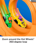Two cars on Hot Wheels Spiral Stunt Speedway Race Track Playset With Two Cars For Toddlers 18 Months And Up Includes 360 Degree Loop