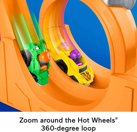 Two cars on Hot Wheels Spiral Stunt Speedway Race Track Playset With Two Cars For Toddlers 18 Months And Up Includes 360 Degree Loop
