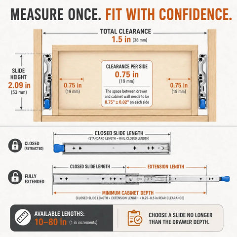 Beefy 72 Inch Heavy Duty Locking Drawer Slides Hold Up To 500 Lb, Side Mount Steel Rails, Industrial Grade, Thick 2.5mm Q235 Cold Rolled Steel, Built Tough For Heavy Storage and Smooth Slides. sizing diagram for side-mount drawer slides