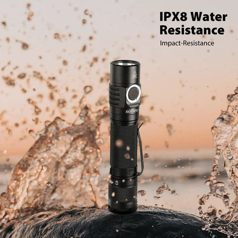 Rechargeable Pocket EDC Flashlight Tiny But Mighty 2000 Lumens LED Light shown with IPX8 water resistance feature