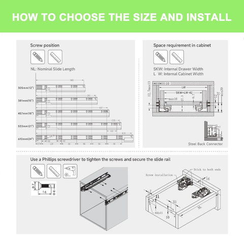 Instructional diagram on how to choose and install Heavy Duty 21 Inch Undermount Soft Close Drawer Slides Six Pair Pack.