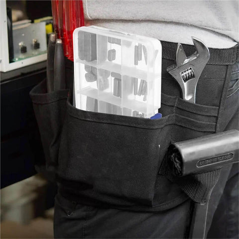 Person wearing tool belt with Keystock Bar And Keyway Set With 120 And 180-Piece Assortment For Pulleys Gears And Fasteners box visible.